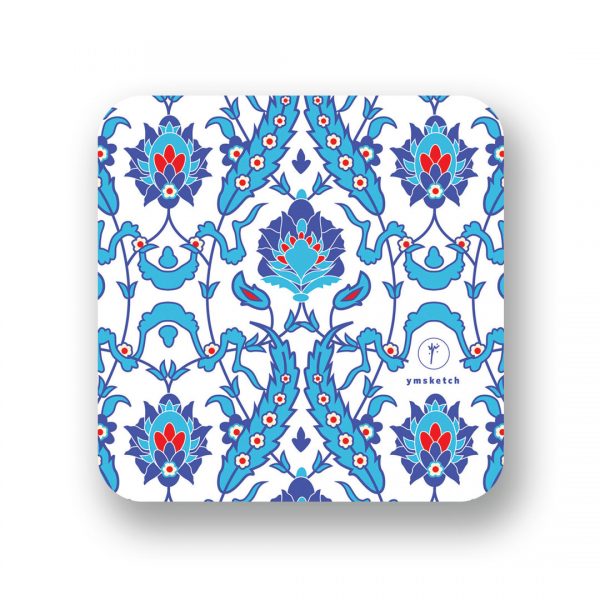 YM Sketch curved wood coaster that has modern islamic blue flower pattern on white background made in Cairo Egypt ramadan