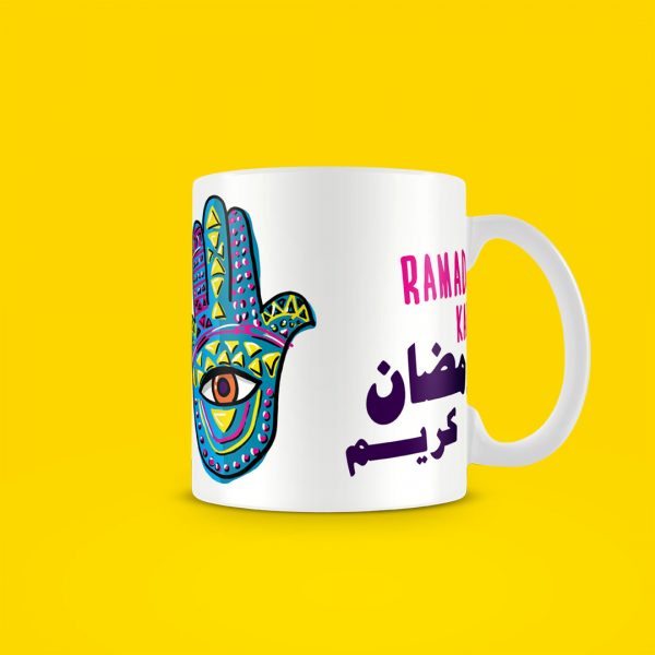 YM Sketch Mug that says “ramadan kareem” and hand hamsa eye design made in Cairo Egypt