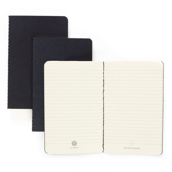 Journal pocket set of 3 lined black thread stitched top view open lined cream paper