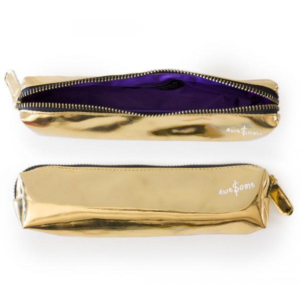 gold pencil case inside purple and outside awesome written in white