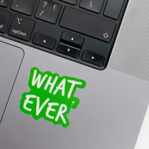 Vinyl Laptop Sticker irregular english text hell yes shape with orange 3mm outline round corner and white text on macbook beside keyboard