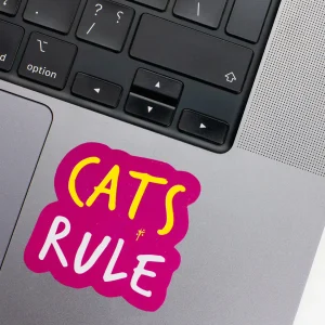 Vinyl Laptop Sticker irregular english text cats rule shape with purple magenta 3mm outline round corner and white text on macbook beside keyboard