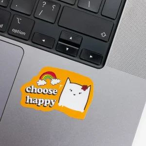 Vinyl Laptop Sticker irregular english text Choose happy shape with orange 3mm outline round corner and white text on macbook beside keyboard