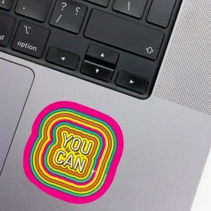 Vinyl Laptop Sticker irregular english text You can shape with pink 3mm outline round corner and white text on macbook beside keyboard