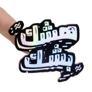 Holographic Laptop Sticker irregular arabic text heshek beshek shape with round corner with black text on finger with inner fill shiny metallic rainbow effect