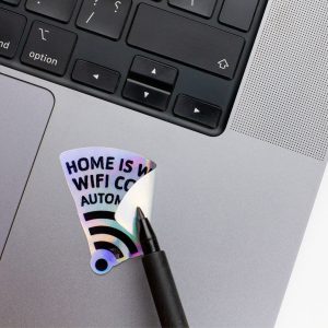 Holographic Laptop Sticker irregular wifi shape with round corner with black text on macbook beside keyboard peeled off using a black marker with inner fill shiny metallic rainbow effect