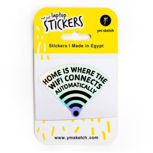 Holographic Laptop Sticker irregular kiss cut shape wifi signal black with shiny rainbow effect border in YM Sketch packaging yellow and white color with phrase not just laptop stickers made in egypt